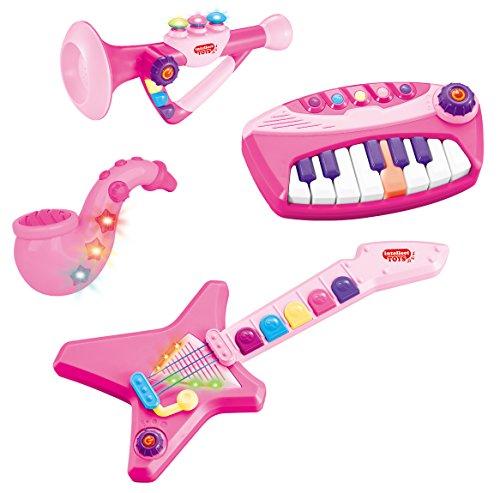 Liberty Imports 4-Piece Band Musical Toy Instruments Playset for Kids - Keyboard, Guitar, Saxophone and Trumpet - with Volume Control (Pink)