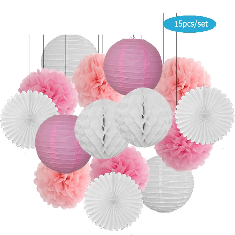 Juego de linternas de papel, Juego de farolillos de papel redondos en azul y blanco for recuerdo de fiesta, decoración for bautizo, bodas, bricolaje, abanico de papel con pompones(Yellow Set,8inch)