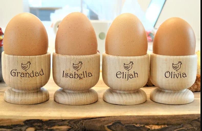 Set of 4 Personalised Wooden Egg Cup Holders Engraved with a Name
