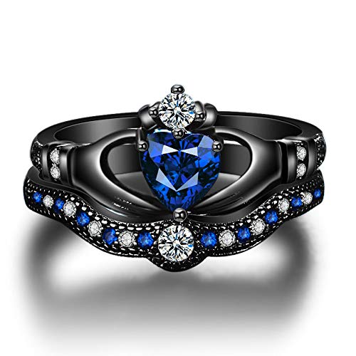 2in1 Retro Black Halo Created Blue Sapphire Cubic Zirconia Wedding Engagement Eternity Heart Hand Rings Set Women's Band Vintage for Bridal Mom Lover3