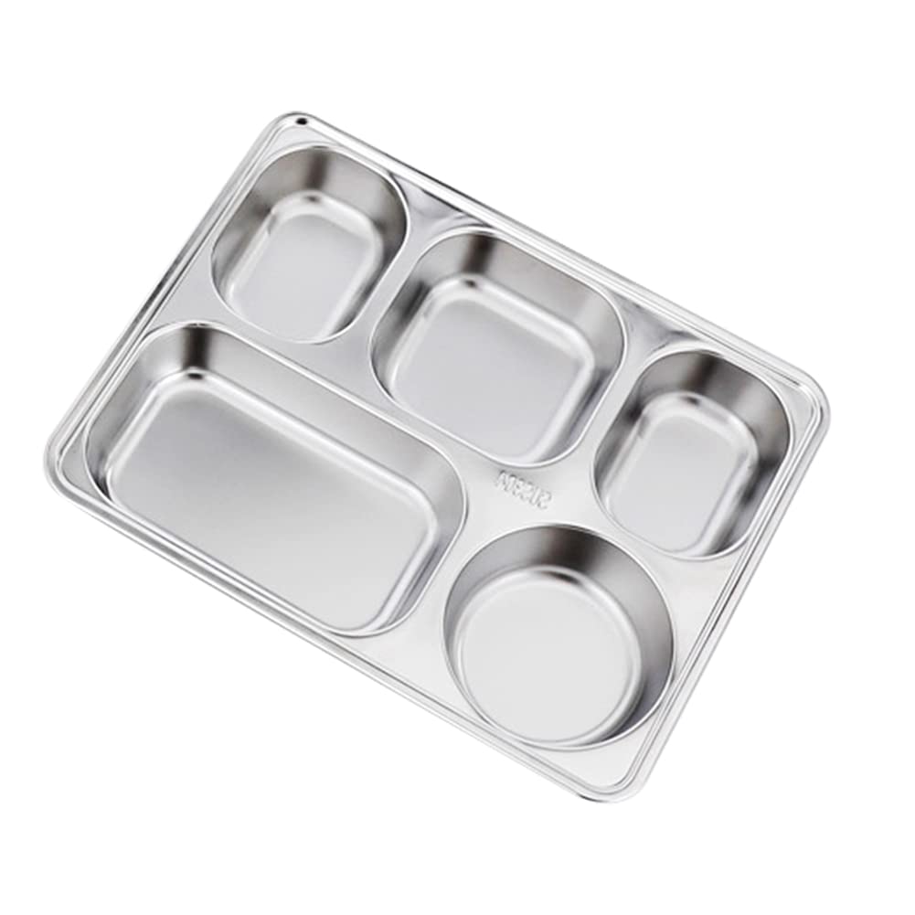 Faderr - Piatto rettangolare in acciaio INOX, quadrato, 5 scomparti divisi per studenti, adulti, campeggio, ristorante, contenitore (dimensioni: 28,2 x 22 x 4,2 cm)