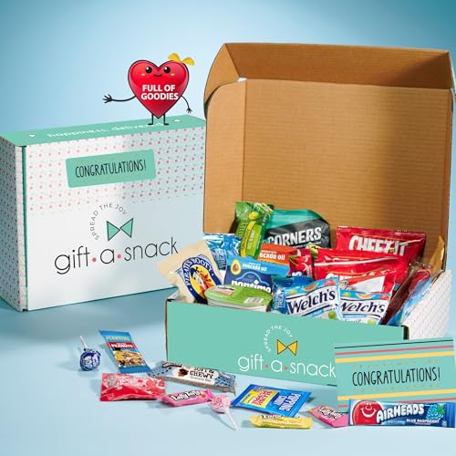 Image of Gift A Snack - Congratulations Snack Box Variety Pack Care Package + Greeting Card (45 Count) Graduation Sweet Treats Gift Basket, Candies Chips Crackers Bars - Office Food Assortments