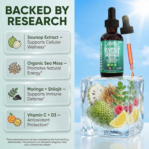 Image of CelluGlow Soursop Bitters Liquid Drops Green Tea Extract Sea Moss Moringa Shilajit Vitamin C D3 Garlic Turmeric Ginger Reishi Mushroom Grape Seed Lycopene Immune Support Supplement by Clean Nutra 4oz