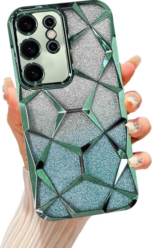 Image of VONZEE Gradient Glitter Clear Case for Samsung S25 Ultra, Luxury Electroplated 3D Cube, Diamond Bling Shiny Soft TPU Clear Shockproof Women Girls Protective Phone Cover (Green)