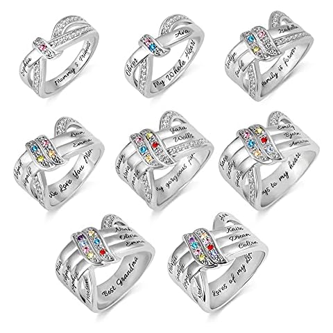 Personalised 1-8 Birthstone Family Ties Rings Custom Jewelry Engraved Name Ring Brass/925 Sterling Silver Wedding Band Family Mother's Day Birthday Gift for Women Mom Grandma Cover