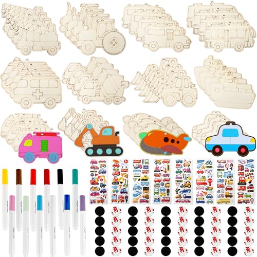 Feradny 118 Pcs DIY Unfinished Car Wooden Cutouts Include 48 Mini Construction Vehicles 8 Transportation Stickers 12 Color Pens and 50 Magnetic for Kids Boys Girls DIY Transportation Painting Car