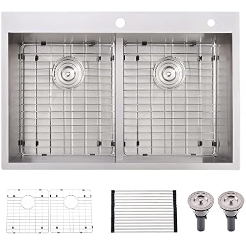 33 Inch Double Bowl Kitchen Sink Drop In -Bokaiya 33x22 Drop In Kitchen Sink Double Bowl 16 Gauge Deep Stainless Steel 50/50 Low-Divide Double Drop In Sink with Accessories Cover