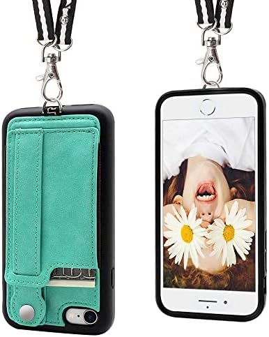 TOOVREN iPhone SE Case 2020/2022 Phone Lanyard Neck Strap for iPhone 8 Case with Card Holder iPhone 7 Wallet Case with Kickstand Leather PU Card Holder Wallet Adjustable Phone Necklace Green
