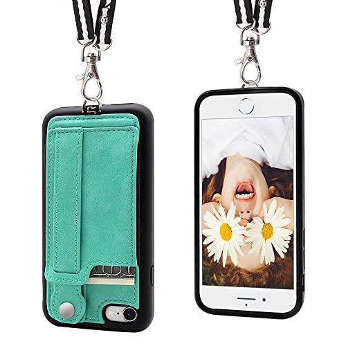 Toovren Iphone Se Case 2020/2022 Phone Lanyard Neck Strap For Iphone 8 Case With Card Holder Iphone 7 Wallet Case With Kickstand Leather Pu Card Holder Wallet Adjustable Phone Necklace Green #TOP9