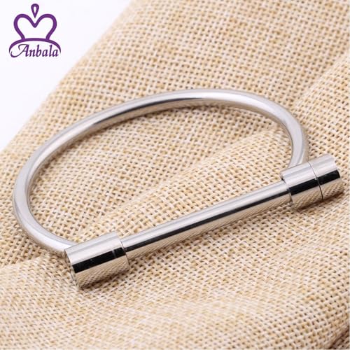 ANBALA Stylish Titanium Steel D Shape Bar Screw and Shackle Cuff Bangle Bracelet for Unisex, Silver,Flat Head Screw2