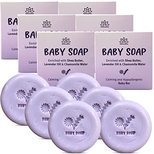 100% Natural LAVENDER CHAMOMILE Baby Soap Bar with Lavender Essential Oil, Organic Chamomile Water, and Shea Butter - Naturally Cold Process in tUSA - Calming and Moisturizing for Newborns, Baby, Kids