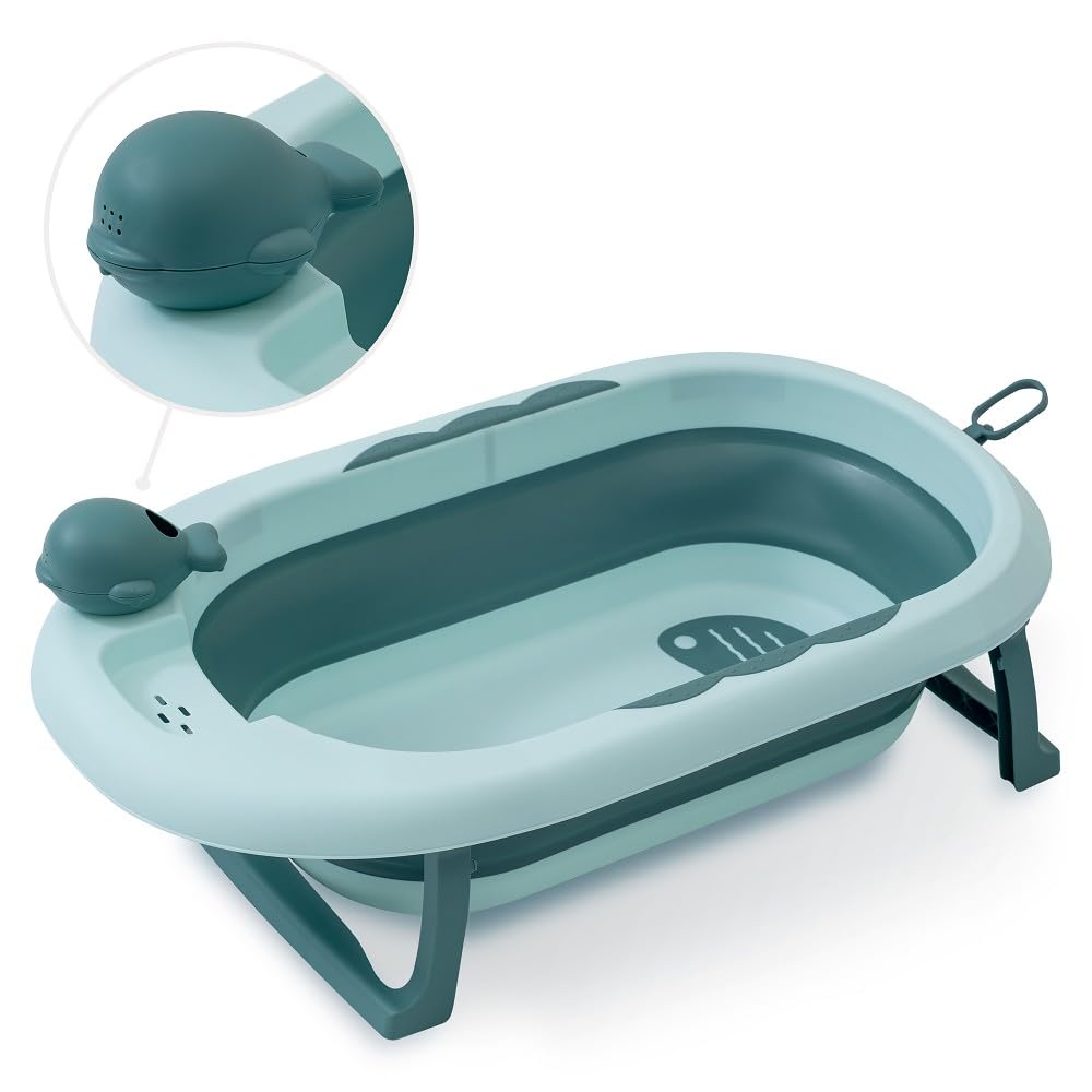 Interbaby Vaschetta Bagnetto Pieghevole, Tappo e Tazza Risciacquo (Verde) | Vaschetta neonato con gambe e tazza risciacquo, antiscivolo, tappo scarico, dalla nascita a 2 anni, pieghevole