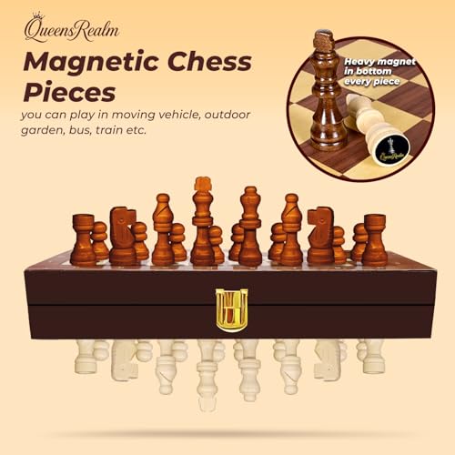 Image of QueensRealm 16 Inch Chess Board Set - Large Wooden Handmade Magnetic Foldable Chessboard for Kids & Adults, 16 Inch x 16 Inch Compact & Portable Travel Chess with Inbuilt Storage (Wooden)