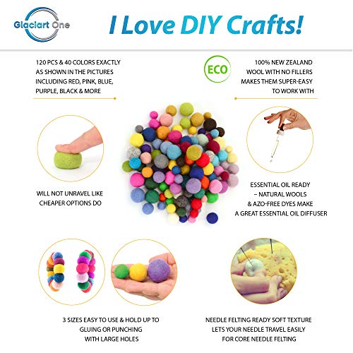 Image of Glaciart One Felt Pom Poms, Wool Balls (120 Pcs) 3 Sizes: 1.5 cm, 2 cm & 2.5 cm, Handmade Felted 40 Color (Red, Pink, Blue, Orange, Yellow, White, Pastel & More),Bulk Small Puff for Felting &Garland