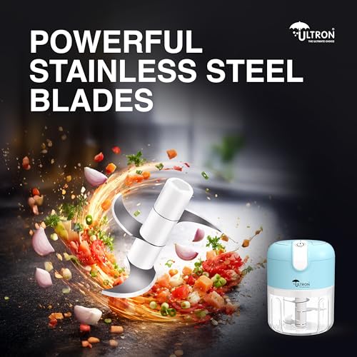 Image of ULTRON Electric Chopper USB Rechargeable | 30W Powerful Motor | 250ml Mini Vegetable Chopper | Stainless Steel Blades | One-Touch Operation | BPA Free Container | Portable Kitchen Chopper (Blue)
