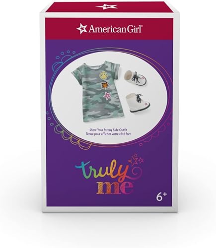 Miniatura 3 de American Girl Muñeca Truly Me de 18 pulgadas que muestra tu atuendo lateral fuerte con vestido de camiseta de camuflaje y botas blancas, para