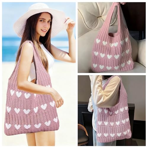 Kozdtiz Gestrickte UmhäNgetasche, 63 x 38 cm Gehäkelte Tragetasche, Tasche Crochet Bag, HerzföRmige Strandtasche, Aesthetic Gehäkelte Tasche Crochet Bag für Arbeit Reisen Schule und Einkaufe Rosa