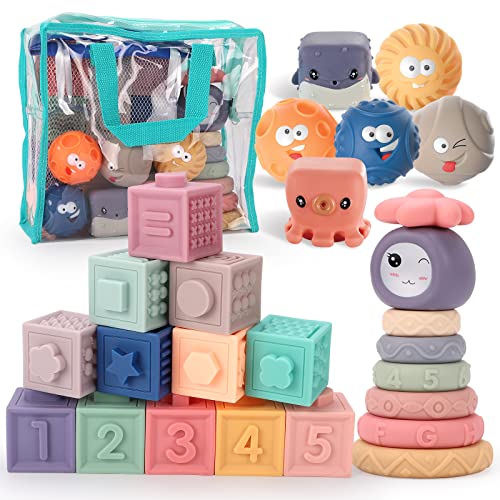YGNNXRN Montessori Baby Toys 6-12 Months,Stacking Blocks, Soft Teething Toys, Sensory Balls - 26 Pc Set for Infants & Toddlers 0-3-6-9-12 Months - Learning, Bath & Playtime Fun