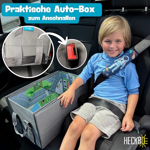 HECKBO 4-in-1 Auto Organizer und Spielteppich - Kinder Spielzeug-Aufbewahrungsbox - Faltbare Spielmatte mit Straßenmotiv - Sichere Befestigung im Auto, 91cm x 72cm