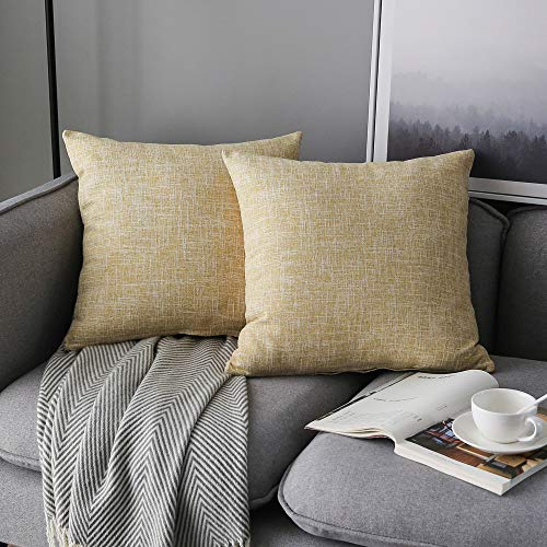 Photo 1 of Anickal Set of 2 Yellow Beige Pillow Covers Rustic Linen Decorative Square Throw Pillow Covers 16x16 Inch for Sofa Couch Home Farmhouse Decoration