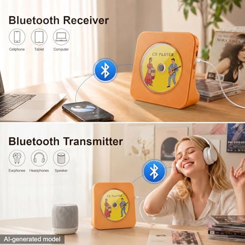 Image of Gueray CD Player Portable Bluetooth Desktop CD Player for Home with Timer Built-in HiFi Speakers with LCD Screen Display Boombox FM Radio USB Type-c (Orange)