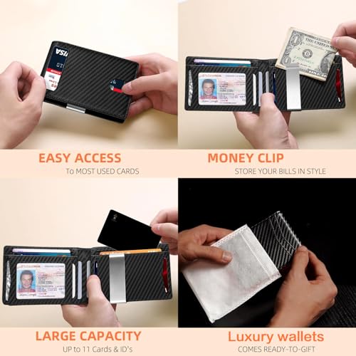 Men's Ultra-Thin RFID Front Pocket Wallet - Durable Leather Bifold, Holds 6+ Cards & Cash Matt Carbon Black4