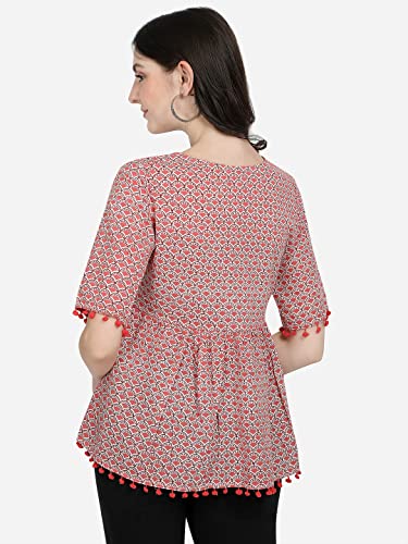 Image of Women Pure Cotton Red Geometric Print Tie-Up Neck Peplum Top