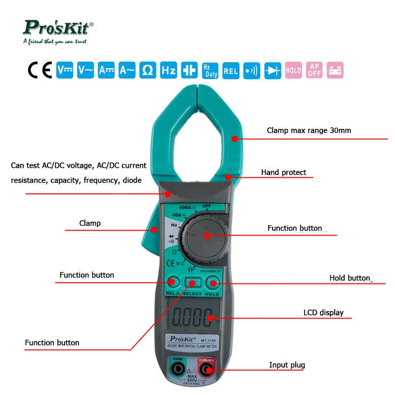 Miniatura 2 de ProsKit MT-3109 AC DC Corriente Digital Pinza Medidor Multímetro Frecuencia de corriente Capacitancia Medidor de prueba Electricista Herramientas de