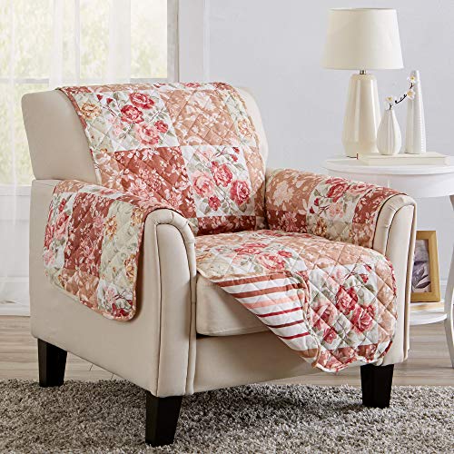 Image of Great Bay Home Reversible Floral Patchwork Chair Furniture Protector - Machine Washable, Scalloped Edge, Stain Resistant, Printed Furniture Cover for Dogs, Kids, and Pets (Burgundy /Taupe).