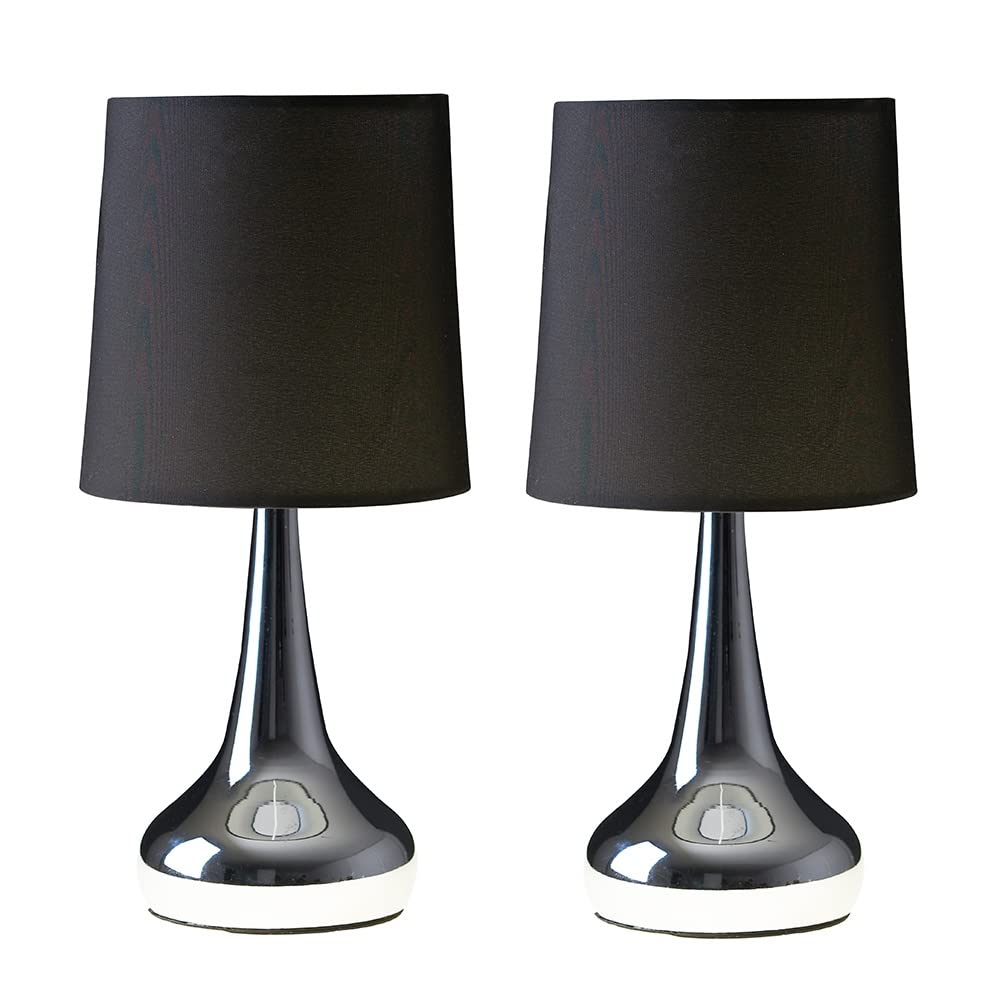 Minisun Black | Modern Chrome Teardrop Touch Table Lamps With Fabric Shades | Table Lamps, Home Décor & Improvement Essential | Set Of 2 | Includes 5W Led Bulbs [3000K Warm White]