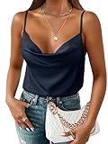 Aoulaydo Women's Spaghetti Straps V Neck Satin Camisole Cowl Neck Cami Tank Top Silk Camisole Sleeveless Blouses Navy Blue