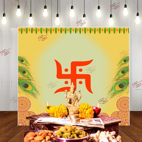 Image of S2S Fabric Backdrop Cloth for Pooja Decoration Traditional, Background Decoration Cloth for Pooja Background Curtain Cloth for Festival Fabric 5 Feet Height & 5 Feet Width SWASTIC Design