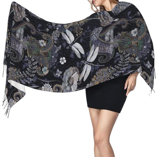Colorful Floral Dragonflies Pashmina Shawl Scarf Women'S Blanket Shawl Wrap Scarf 77"" X 27"", Black3