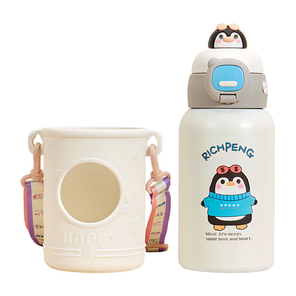 MiOYOOW Insulated Drinking Bottle, Cartoon Bottle with Straw & Spout Lid Cup Sleeve Stainless Steel Insulated Water Cup for Home Office Travel