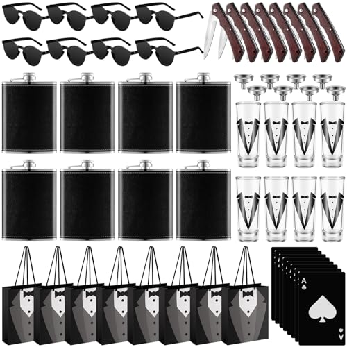 Tioncy 48 Pcs Groomsmen Proposal Gift 8 Engraved Pocket Knife 8 Groomsmen Gift Bags 8 Shot Glasses with Tuxedos 8 Stainless Steel Hip Flask 8 Poker Card Bottle Opener 8 Sunglasses