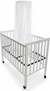 سرير أطفال خشبي أبيض من SMR kids مع ناموسية واقية، بعجلات مع قاعدة مرتفعة قابلة للتهوية، سرير رضّع مناسب لحديثي الولادة