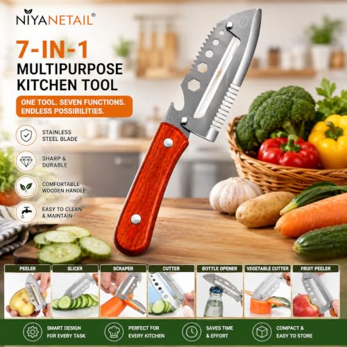 Image of Stainless Steel Vegetable Peeler with Wooden Handle & Bottle Opener | Sharp Single Blade Peeler for Fruits & Vegetables (7 in 1 Vegetable Peeler)