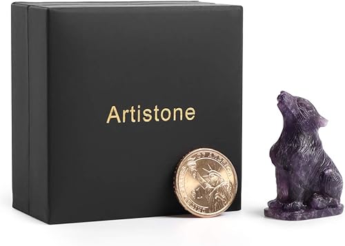 Miniatura 8 de Artistone Figuras de lobo de cristal de amatista de 2.0 pulgadas, regalo de piedras preciosas talladas a mano, estatua de lobos, tallas de animales,