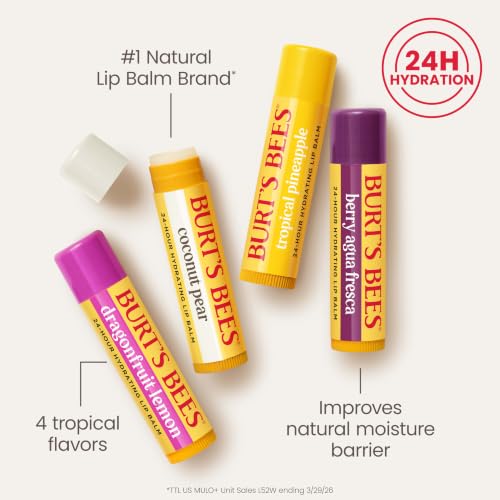 Burt's Bees Lip Balm - Berry Agua Fresca, Dragonfruit Lemon, Coconut & Pear, Tropical Pineapple Pack, With Beeswax, Tint-Free, Natural Origin Lip Treatment, 4 Tubes, 0.15 oz. - image 6