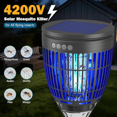 Image of All in 1 Solar Bug Zapper Outdoor, Flame & Projection Mode, Auto /Manual Modes, 4200V Electric Mosquito Killer with High Powered, IPX5 Waterproof Rechargeable Fly Insect Trap for Patio Garden Yard RV