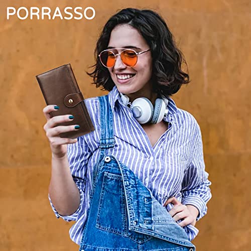 PORRASSO Women Wallets Genuine Leather Purse RFID Blocking Wallet Ladies Card Holder Multi Compartment Wallet Phone Bag Change Pouch Coffee2
