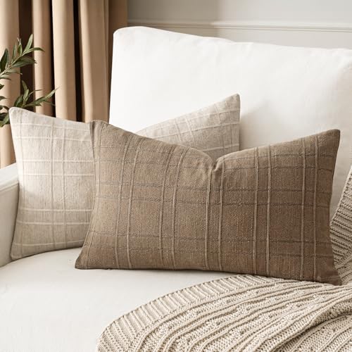 Image of MIULEE Decorative Linen Check Lumar Throw Pillow Covers Neutral Farmhouse Vintage Pillow Covers 12x20 Set of 2 Boho Modern Winter Home Decor for Sofa Couch Bedroom Cushion Light Brown