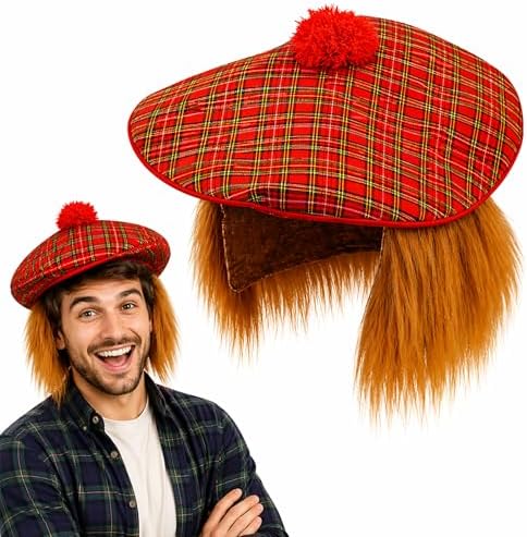 Lizzy Tam O'Shanter Hat Red Tartan with Orange Hair Scottish Fancy Dress Hat One Size Costume Hat for Burns Night Rugby Football Events Scottish Costume Accessories with Tattoos