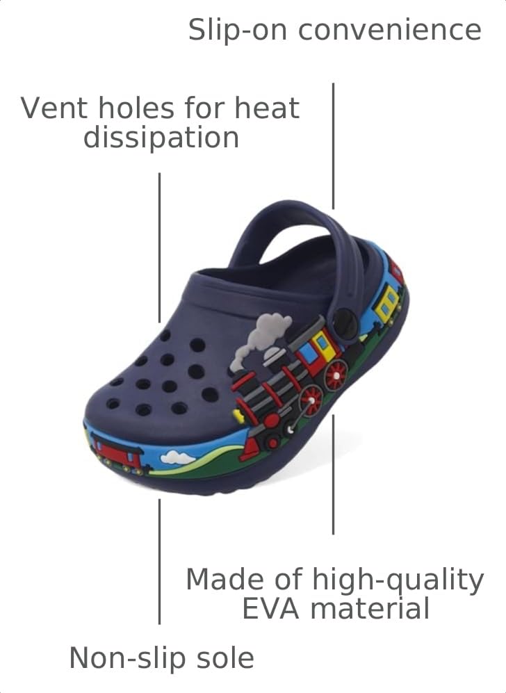 Image of Boys Girls Toddler Clogs Little Kids Slip on Slides Sandals Slippers Cute Cartoon Train Pattern Garden Clogs Summer Indoor Outdoor Beach Pool Water Shoes