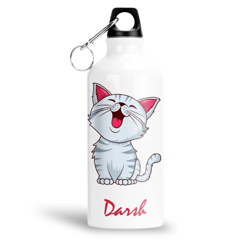 FurnishFantasy Cute Cat Personalised Aluminium 750ml Water Bottle for Kids - Best Birthday Gift for Son, Daughter, Brother, Sister, Return Gift for kids - Color - White, Name - Darsh