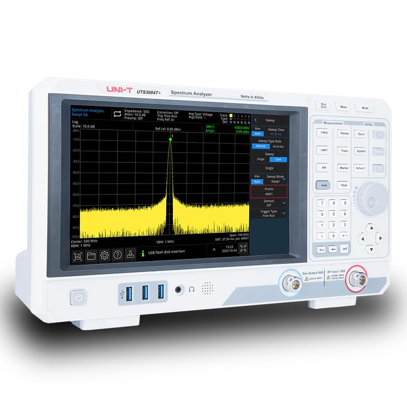 Analizador de espectro UNI-T UTS3015T+ | Rango de frecuencia 9 kHz-1,5 GHz, 1 Hz – 1 MHz RBW, -98 dBc/Hz a 10 kHz ruido de fase, -161 dBm DANL, pantalla táctil TFT LCD de 10,1 pulgadas, con TG
