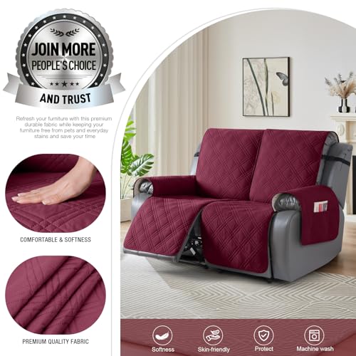 Image of TAOCOCO 100% Waterproof Loveseat Recliner Cover, Non Slip Split Loveseat Covers for Reclining Loveseat with Elastic Straps, Washable Recliner Chair /Furniture Protector for Pets(2 Seater, Wine)