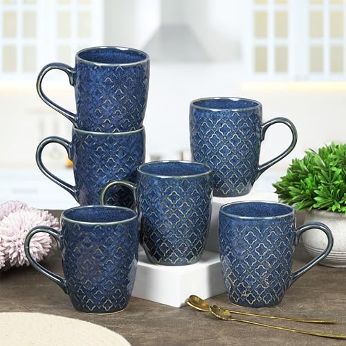 Image of CRAF10 Glaze Studio Ceramic Coffee /Tea Mugs - Set of 6, 330 ML Each, Elegant & Durable, Microwave & Dishwasher Safe, Indigo