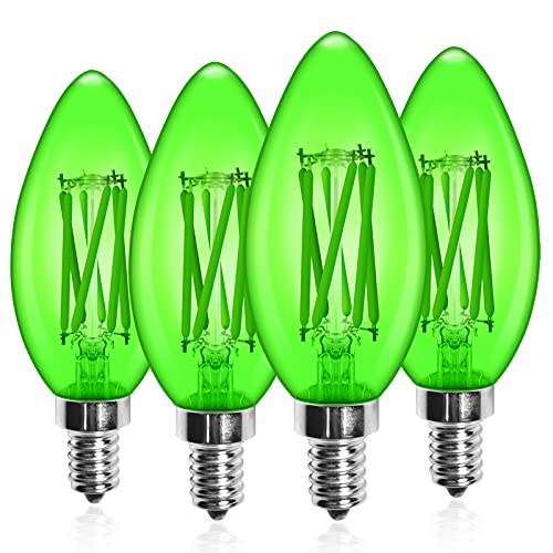 Klarlight Dimmable C35 Green Filament Candle Bulb, 6W E12 Candelabra Base C35 LED Edison Light Bulbs B10 Chandelier Lights 60W Incandescent Equivalent for Porch Pendant Coffee Shop Decor (4-Pack)