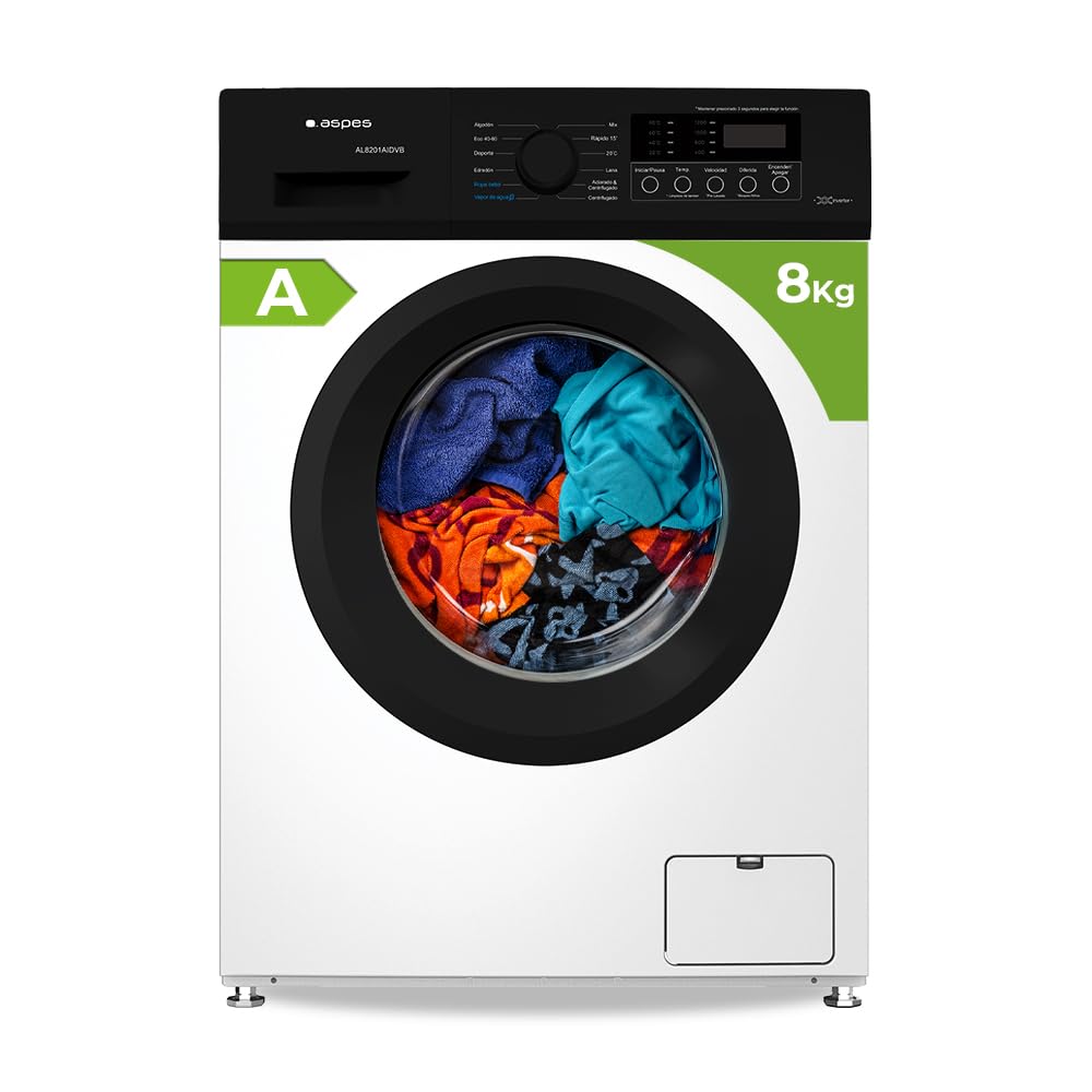 Aspes Lavadora 8 Kg Carga Frontal, Blanco, AL8201AIDVB. 1200 rpm, Motor Inverter, 12 Programas, Tambor Acero Inoxidable, Clase de Eficiencia Energética A
